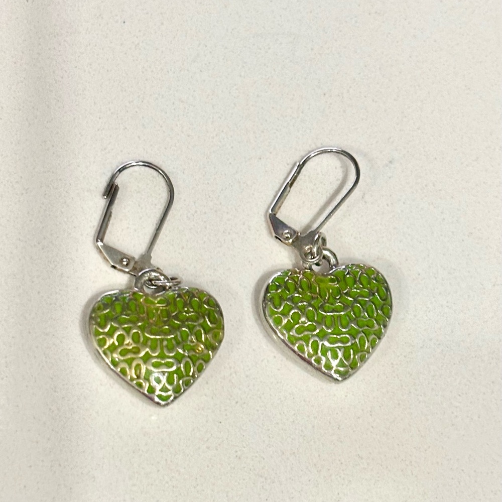 COACH Signature Logo Quilted Puffy Heart Lime Green Drop Earrings